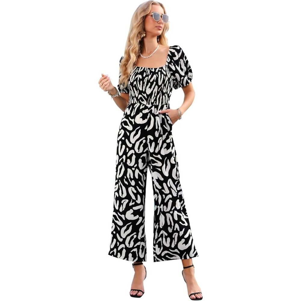 Fashion Floral Jumpsuits for Women Casual Loose Romper Short Sleeve  Black Swirl